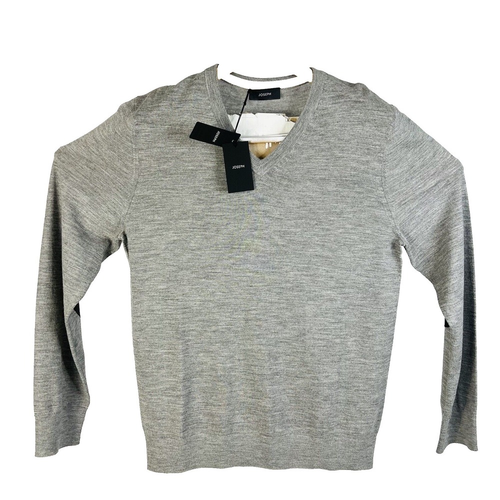 NWT Joseph Marbled Gray Merino Wool Mens V Neck Sweater w/ Goat Elbowpads Size L